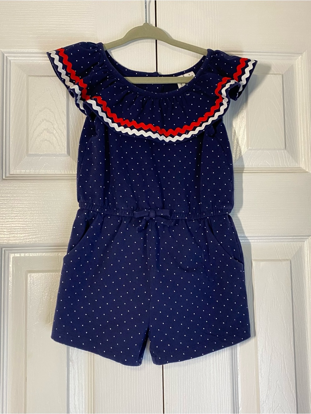 Janie and Jack Navy Polka Dot Ruffle Romper with Red & White Trim 4th of July
